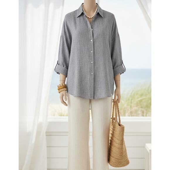 Chico's 2 Gray/ White Striped Linen  Button Front 3/4 Length Sleeve Blouse - Picture 1 of 5